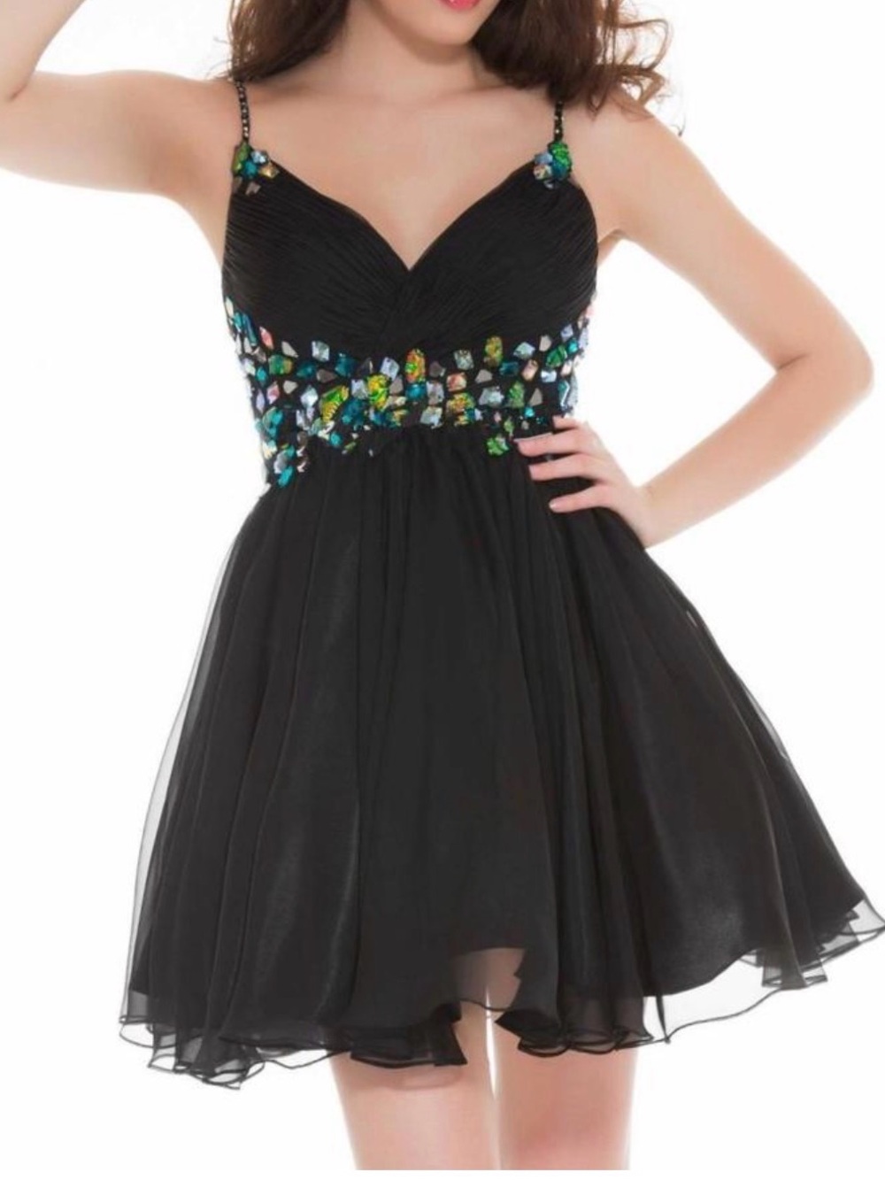Mac Duggal Black Mini Dress with Multicolor Gem Embellishments